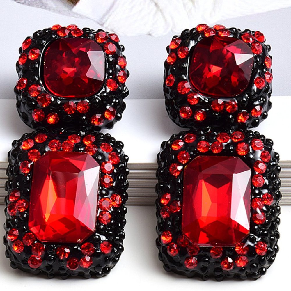 "New Rectangle Red Big Bright Pendant Dangle Earring, - Picture 1 of 3